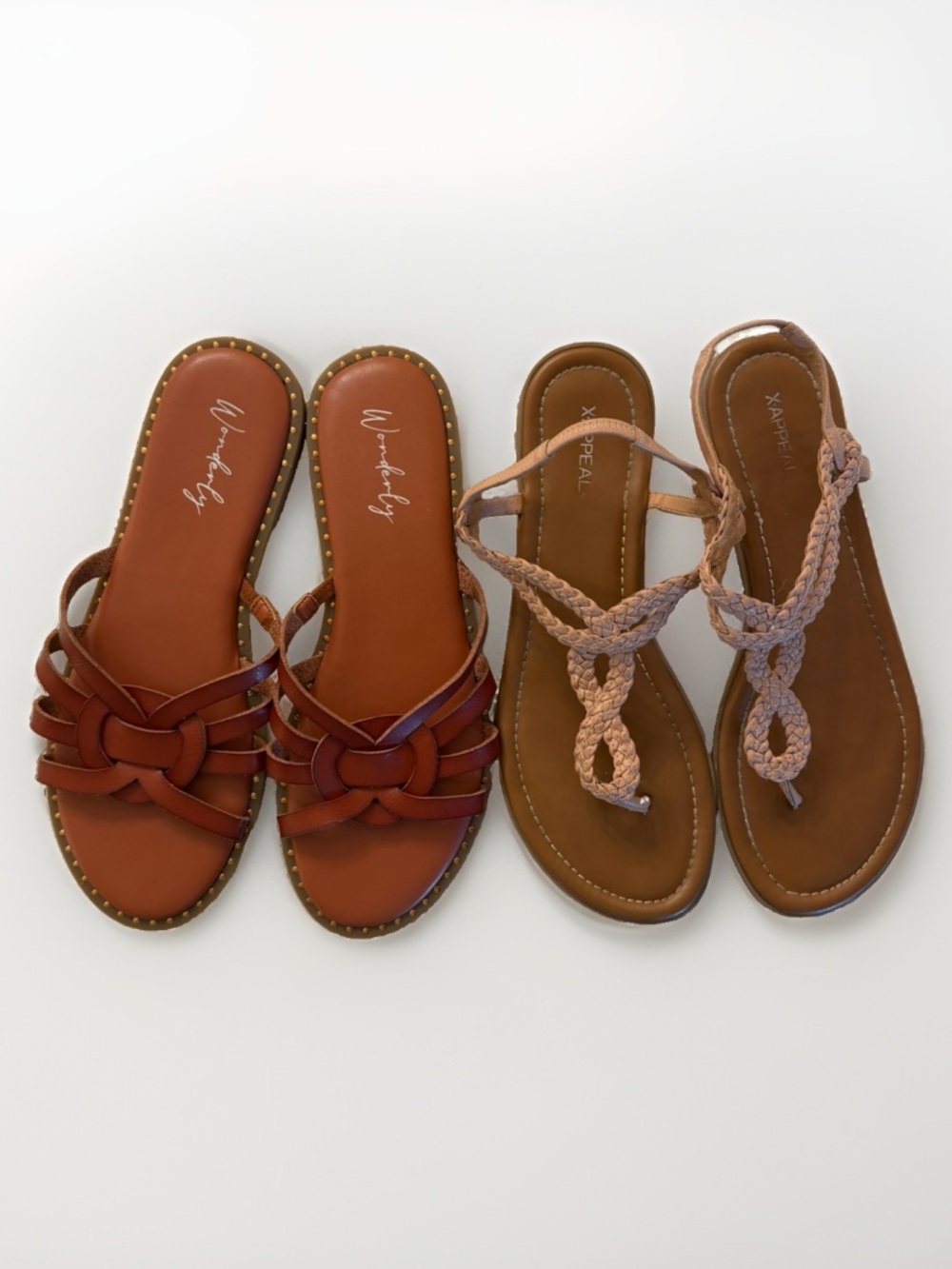2 Pairs Women’s Summer Sandals Size 9 Braided Flat Cognac Pink Bundle
